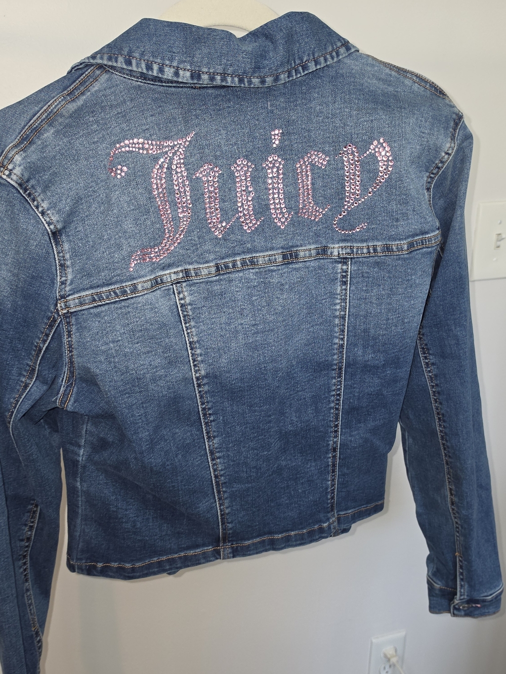 Juicy Couture Women's Blue Denim Jean Jacket with Pink Rhinestone Logo